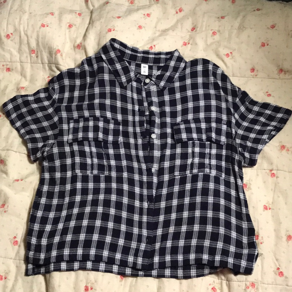 Plaid shirt sleeve button up top!